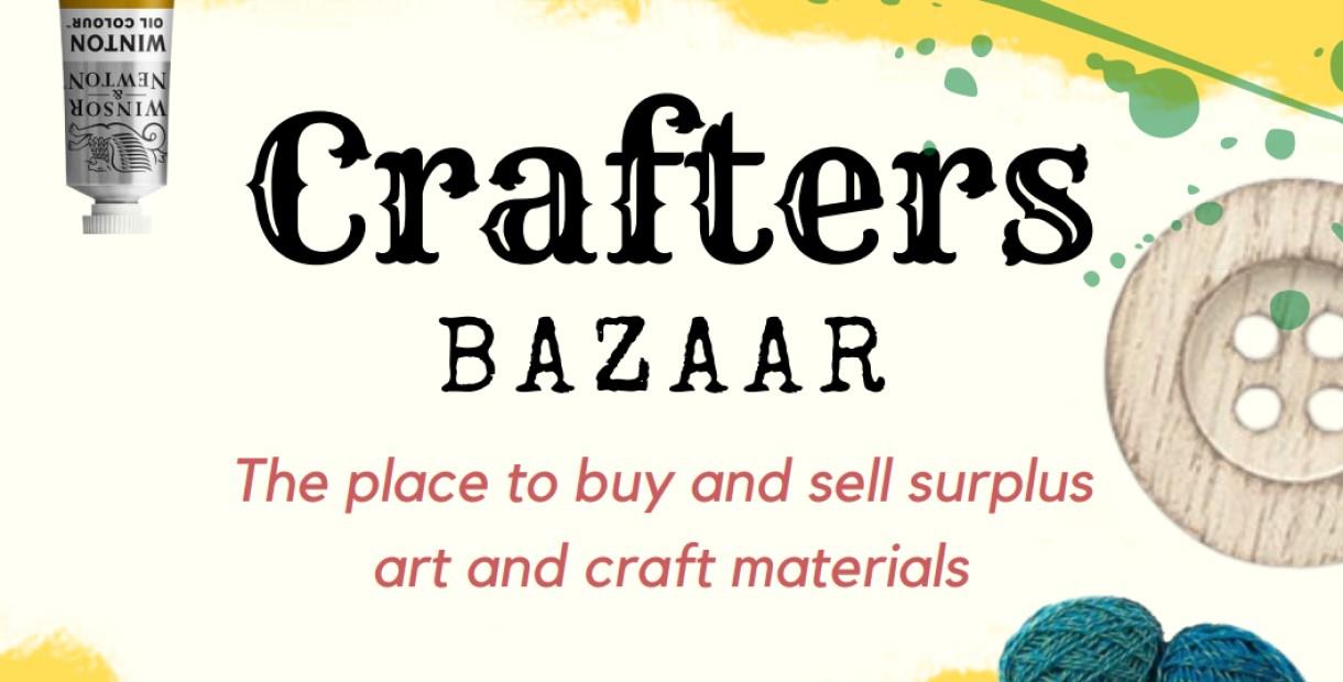 Words 'Crafters Bazaar' on a pain splashed background