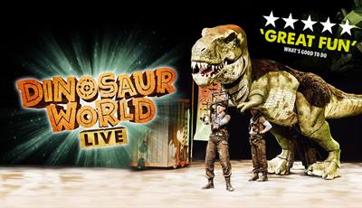 Two men operating a large T-rex puppet. Text reads Dinosaur World Live.