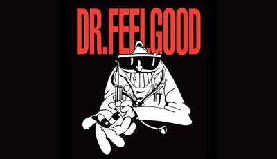 Dr Feelgood band logo - text in bold red letters and a character wearing sunglasses.