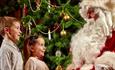Two young children looking at Father Christmas in front of a Christmas Tree.