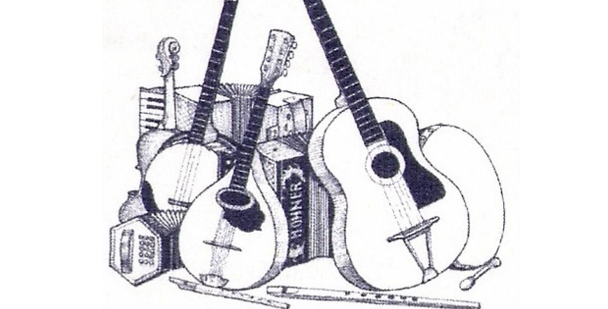 Drawing of musical instruments including a guitar, drum and accordian