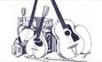 Drawing of musical instruments including a guitar, drum and accordian