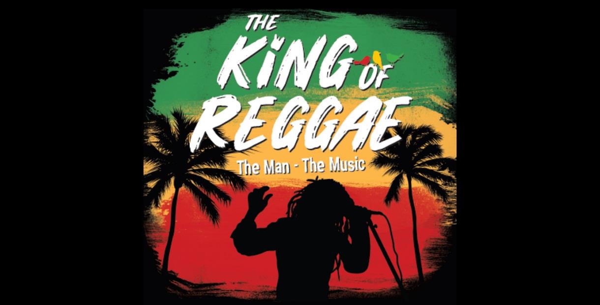 Silhouette of a man singing amongst palm trees with a Jamaican flag background