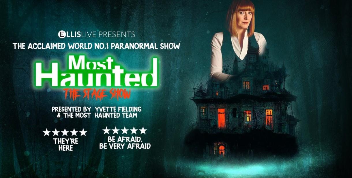 Yvette Fielding and a Haunted Mansion with a dark forest background