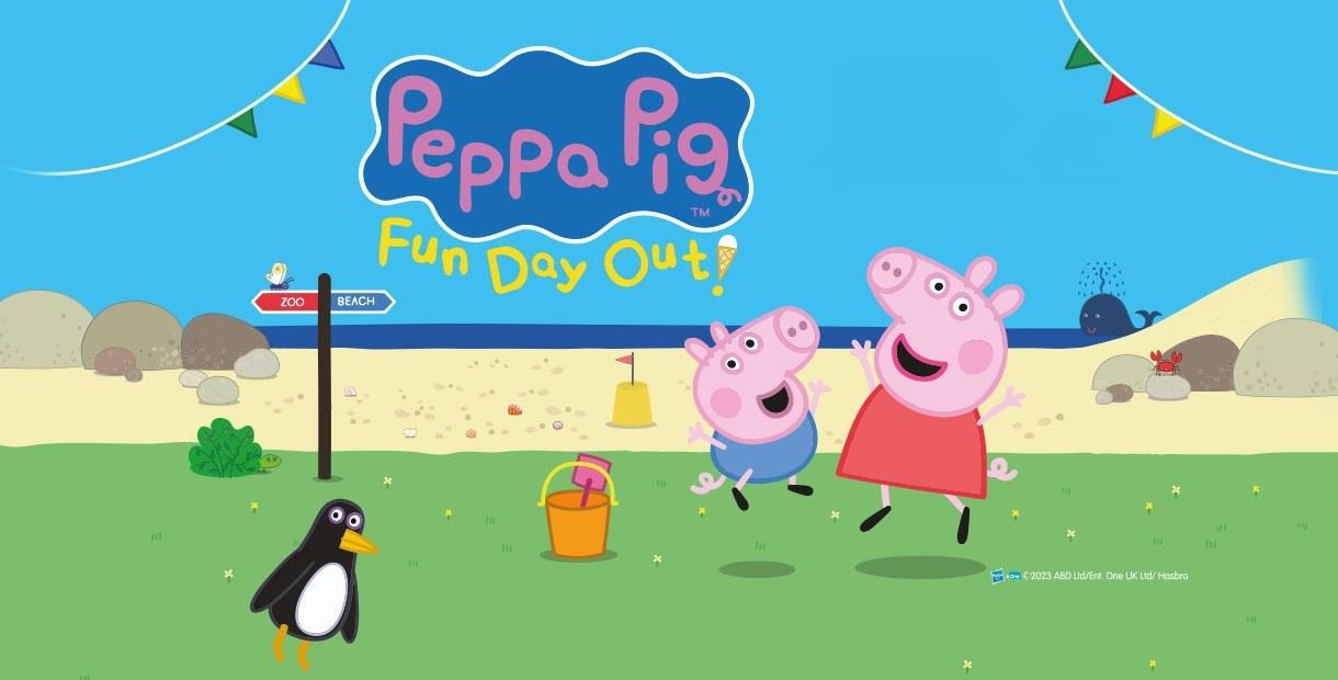 Peppa and George jumping in happiness on the grass with a penguin in the foreground and a beach scene in the background.
