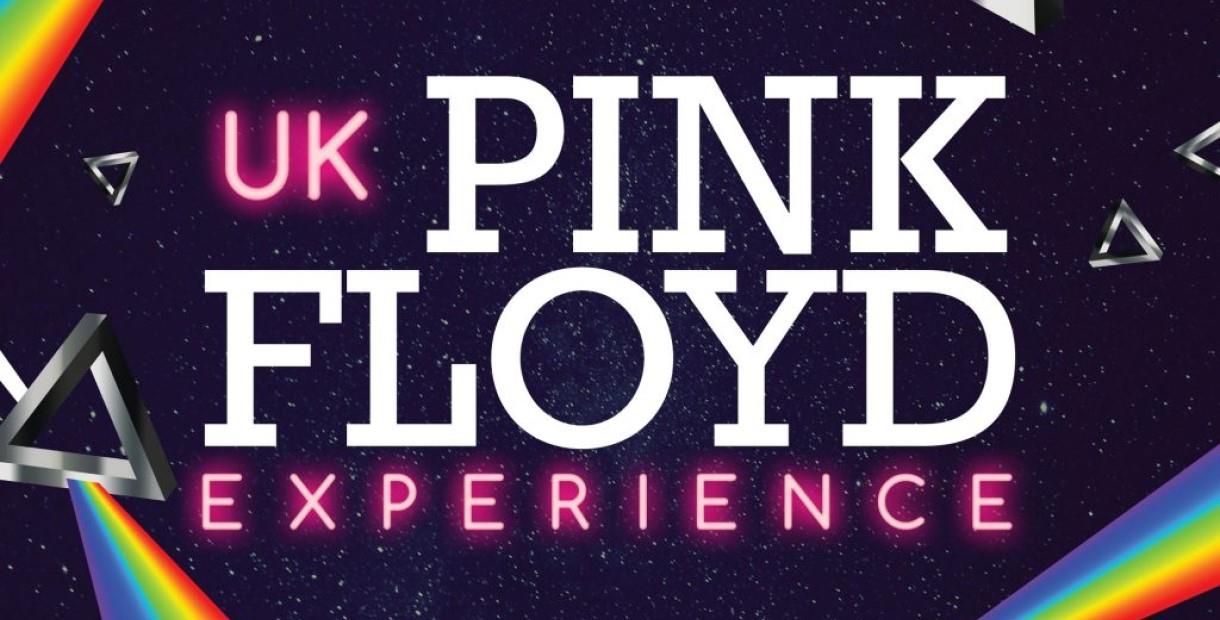 UK Pink Floyd Experience text in neon pink and white text on a galaxy background with rainbows and prisms