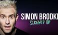 Comedian Simon Brodkin pulling a surprised face with his name in text next to him