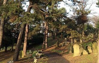 Headstones amongst tall trees in Spital Cemetery, Chesterfield