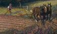 Painting of two work horses towing a plow in a field