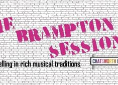 "The Brampton Sessions" in pink spray-paint text on a white brick pattern