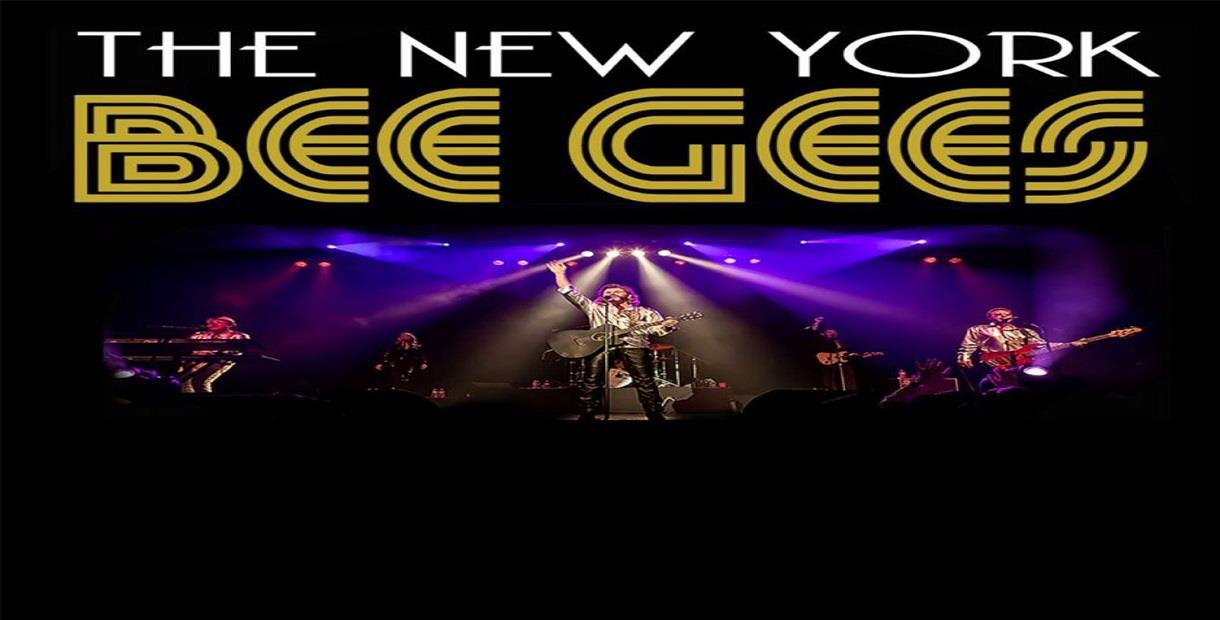 Text reads The New York Bee Gees above an image of the band on stage