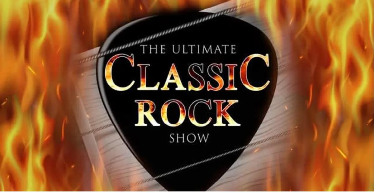 A black guitar pick in the middle of the image with the title of the show on it, with the pick surrounded in flames.