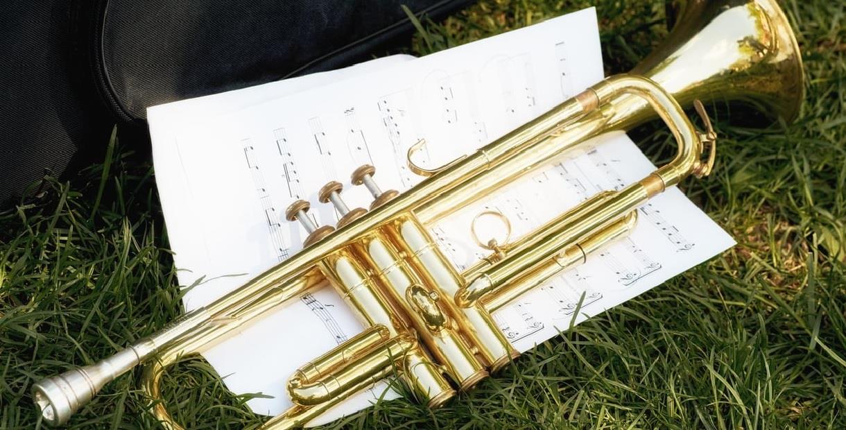 Trumpet and sheet music lying on the grass