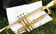 Trumpet and sheet music lying on the grass