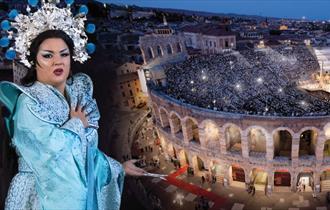Opera singer in a crown and dress with the Verona Arena in the background