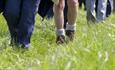 Close up of peoples legs as they're walking through a field