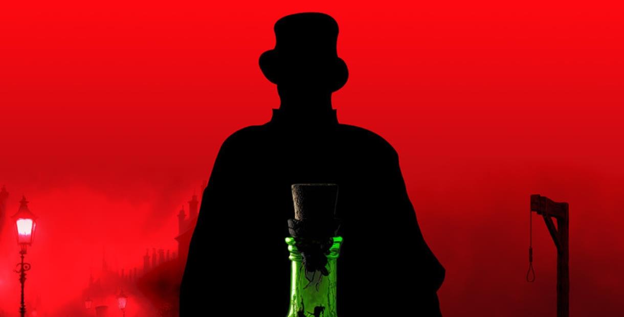 A green corked bottle in front of a silhouette of a man in a top hat and cloak with a red background