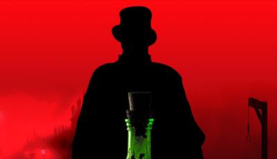 A green corked bottle in front of a silhouette of a man in a top hat and cloak with a red background 