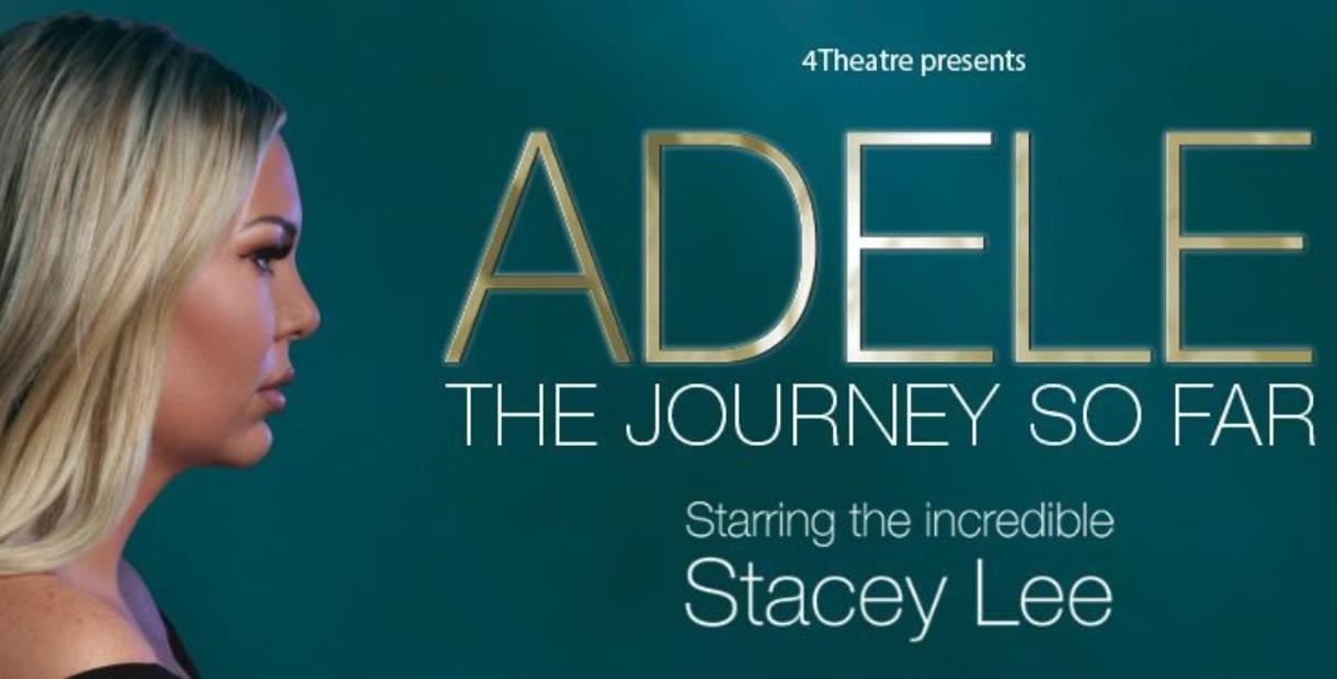 Side profile of a blonde woman on a teal background with text saying Adele the Journey so Far