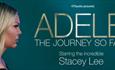 Side profile of a blonde woman on a teal background with text saying Adele the Journey so Far