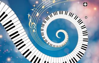 Piano keys and music notes forming a spiral on a sparkly background
