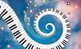 Piano keys and music notes forming a spiral on a sparkly background