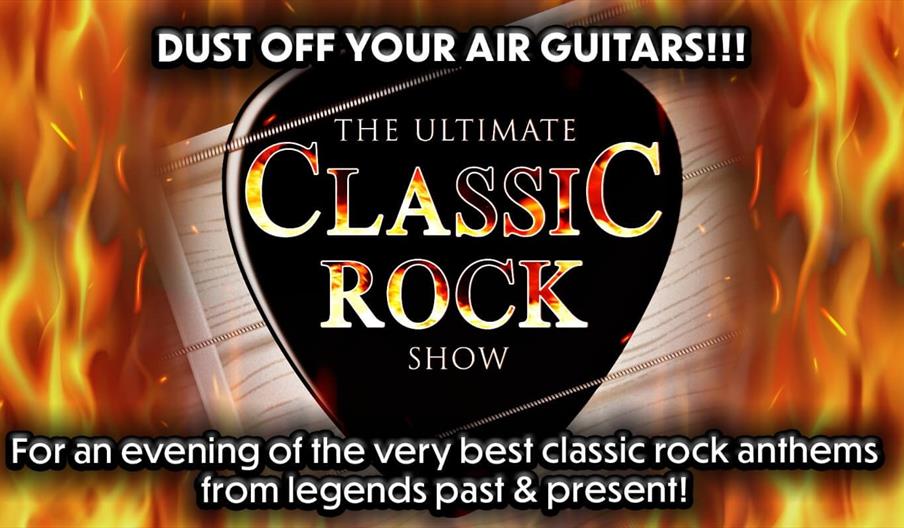 Banner for the Ultimate Classic Rock show, with a fire background.