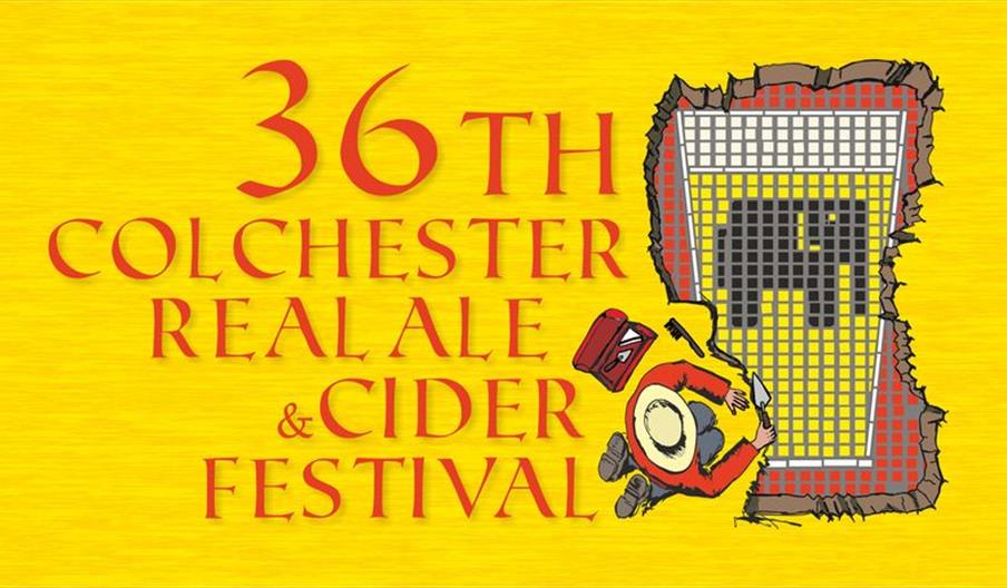 Text reads "36th Colchester Real Ale & Cider Festival" with an illustration of an archaeologist uncovering a mosaic depicting an elephant on a pint gl