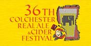 Text reads "36th Colchester Real Ale & Cider Festival" with an illustration of an archaeologist uncovering a mosaic depicting an elephant on a pint gl