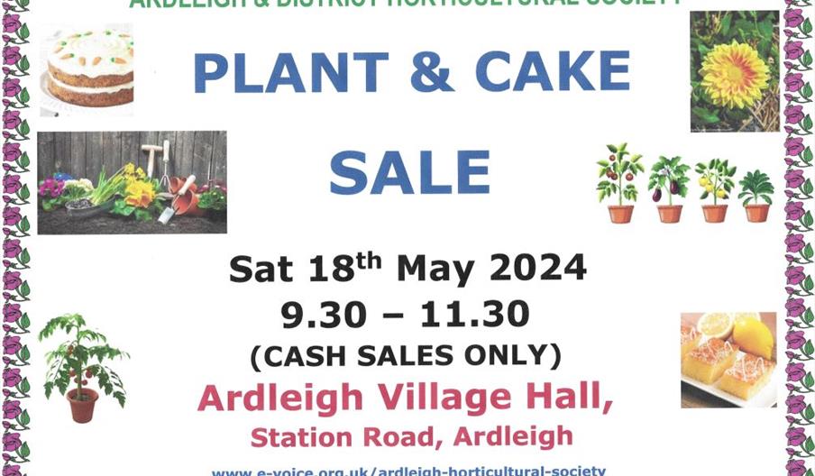 Poster with pictures of cake and text reading: 'Plant and Cake sale' - Sat 18th May 2024' along with other information including addresses.