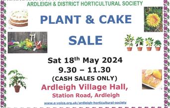 Poster with pictures of cake and text reading: 'Plant and Cake sale' - Sat 18th May 2024' along with other information including addresses.