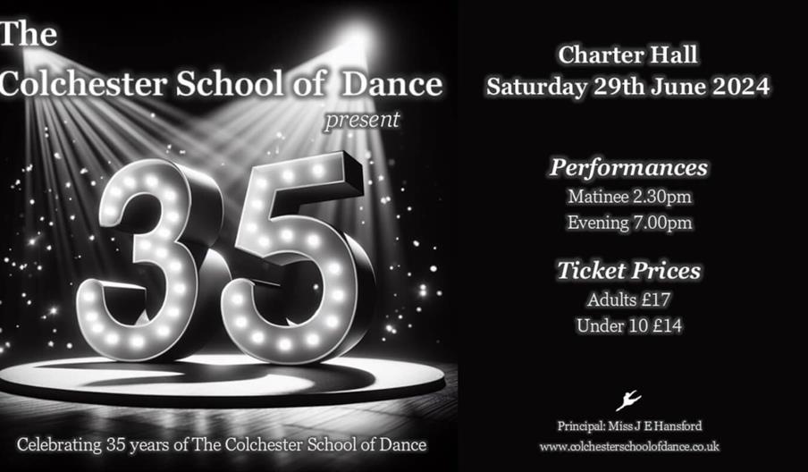 Poster for the Colchester School of Dance 35th Anniversary event.