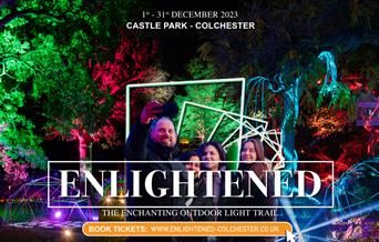 Enlightened image flyer - a family enjoying the trail among brightly illuminated trees.