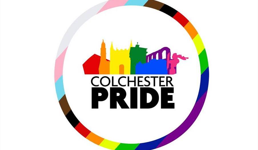 The Colchester Pride Logo - a rainbow silhouette of the town's iconic landmarks