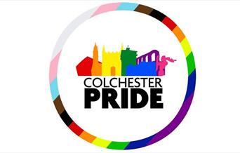 The Colchester Pride Logo - a rainbow silhouette of the town's iconic landmarks