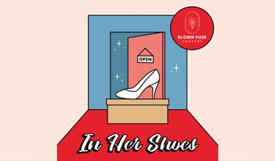 In her shoes - an illustration of a white stilletto by a door with an 'open' sin hanging on it.