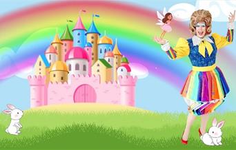 Pantomime dame with pink fairy castle and rainbow.
