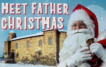 An image of Santa in front of a snow covered Colchester Castle