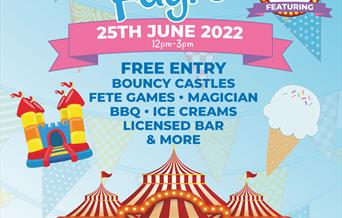 Summer Fayre at Home Farm Primary School, showing bouncing castle, circus big top and icecream