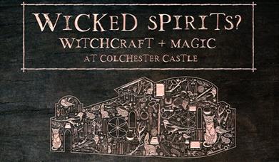 Wicked Spirits? Witchcraft & Magic in Colchester Castle. Graphic of the outline of Colchester Castle filled with symbols connected to witchcraft.