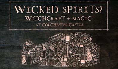 Wicked Spirits? Witchcraft & Magic in Colchester Castle. Graphic of the outline of Colchester Castle filled with symbols connected to witchcraft.