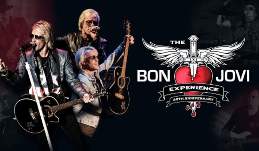 Three images of a man with blonde hair and sunglasses performing a tribute act are beside the logo for 'The Bon Jovi Experience'.