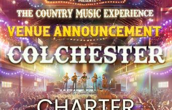 A brightly lit stage with the words: 'The Country Music Collective Presents The Country Music Experience Venue Announcement Colchester, Charter Hall'
