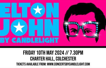 Event poster featuring Elton John's hair and glasses. Blue text on a Pink background reads 'Elton John by Candlelight'. Below: 'Friday 10th May 2024 /