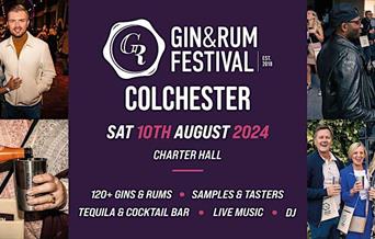 poster for the gin and rum festival, featuring pictures of happy people.