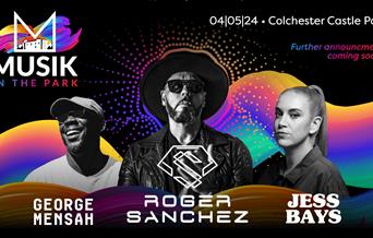 A colorful poster featuring the Musik in the Park logo and three artists: George Mensah, Roger Sanchez and Jess Bays.