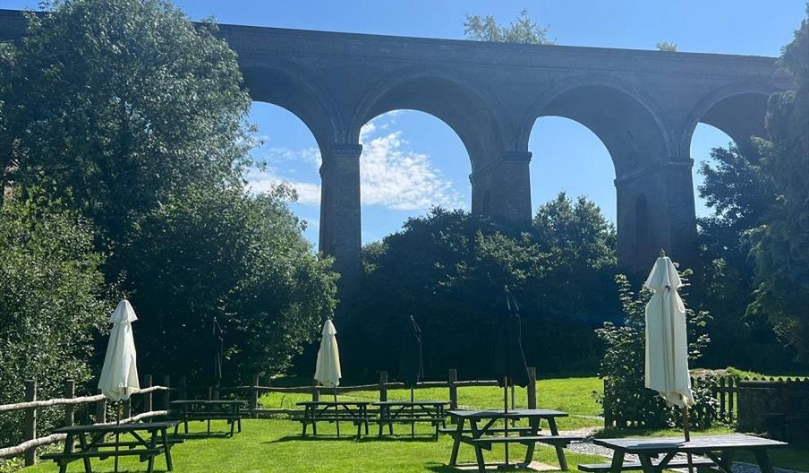 Chappel Viaduct with picnic benches.