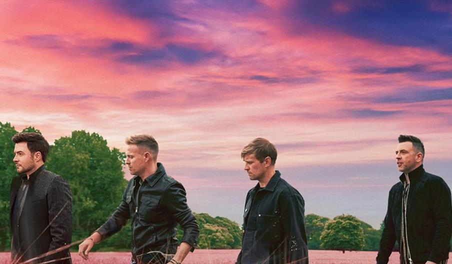 Westlife in front of a pink sky