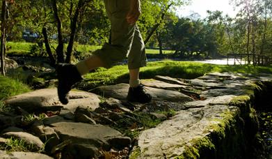 Person walking on stone pathway by a river