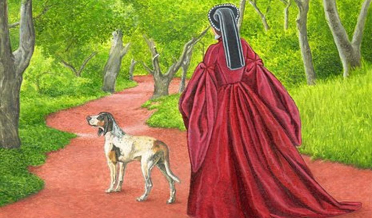 Picture of Lady in Tudor dress walking through forest with a dog